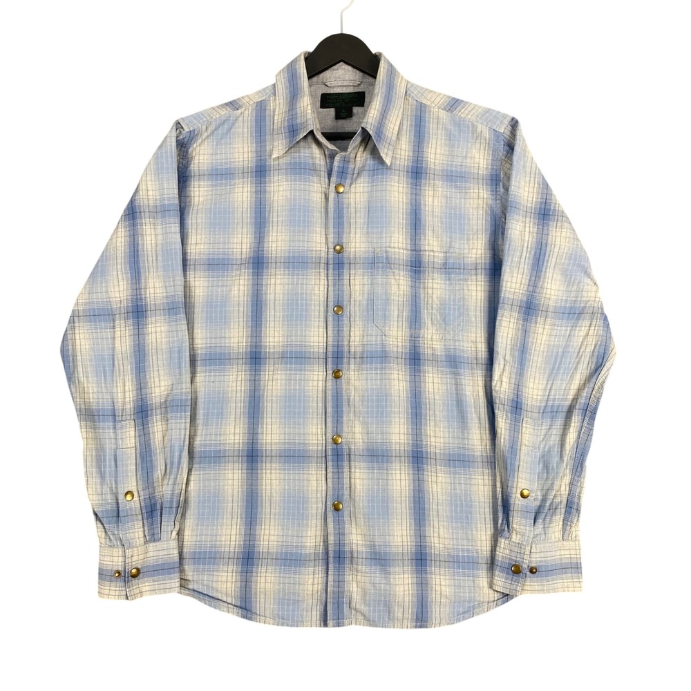 Filson Western Metal Snap Shirt Mens M Blue Plaid Vintage Workwear Rugged